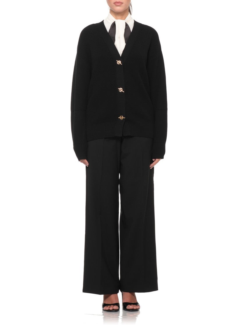 Elisabetta Franchi Ribbed Black Sweater With Gold T-Closure And Cropped Fit
