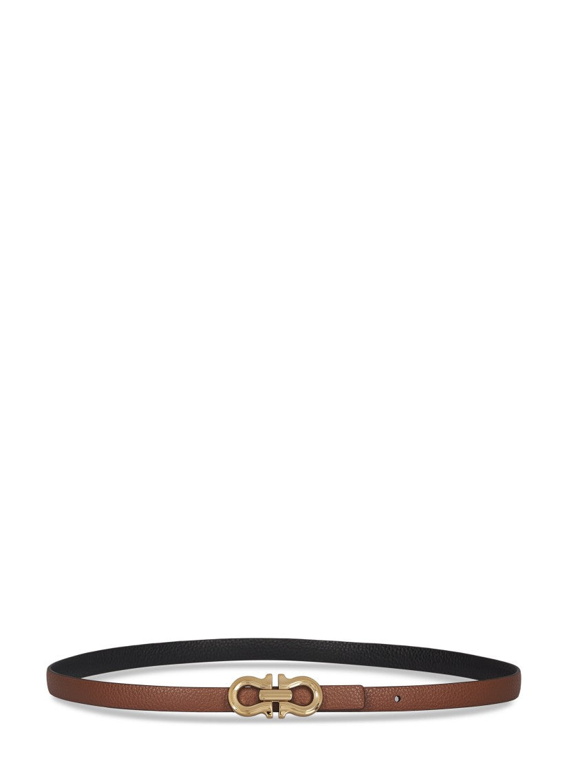 Ferragamo Reversible Cognac And Black Belt With Distinctive Gold Buckle