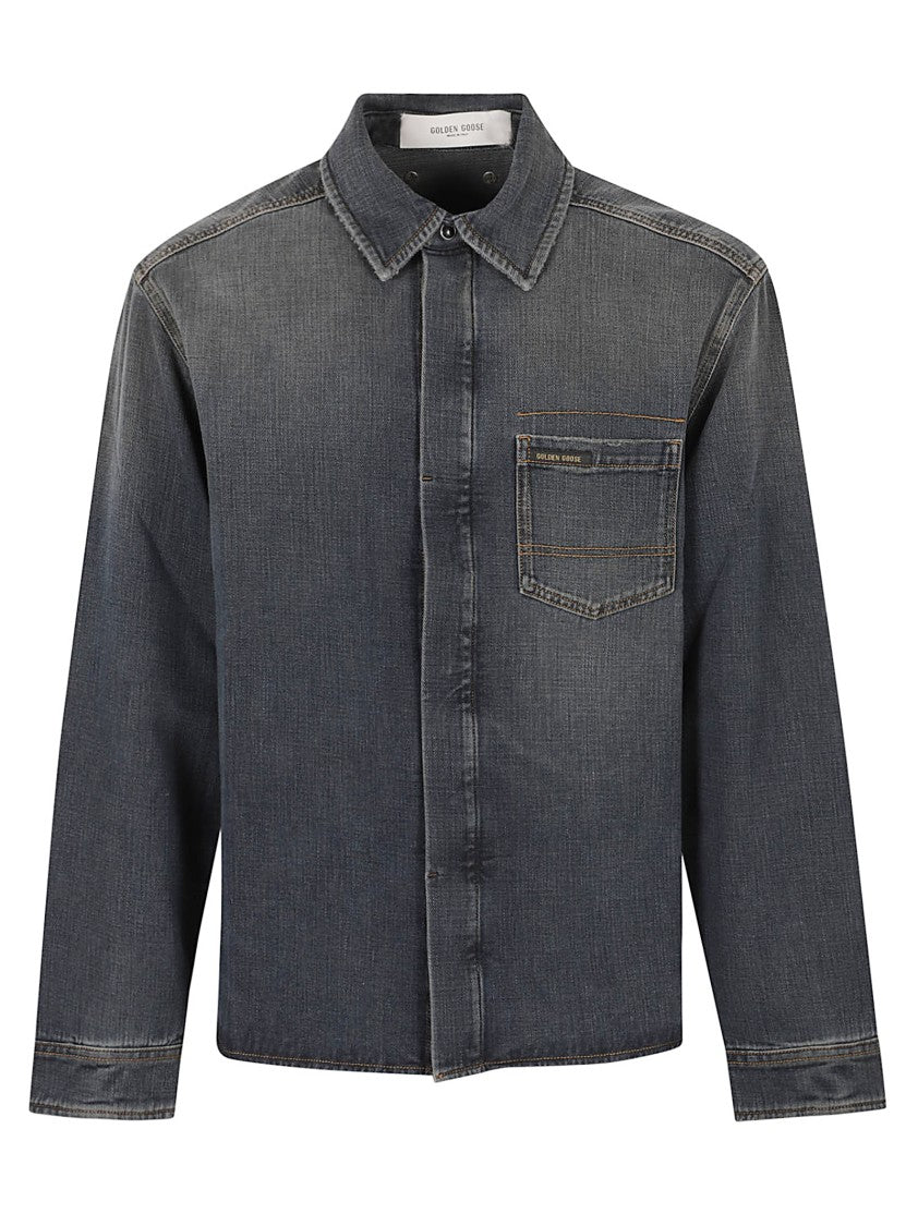 Golden Goose Faded Black Denim Long-Sleeve Shirt With Classic Collar And Boxy Fit