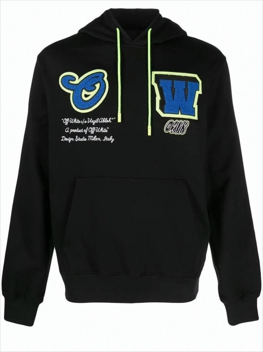 Off-White Black Cotton Hoodie With Neon Accents And Embroidered Details
