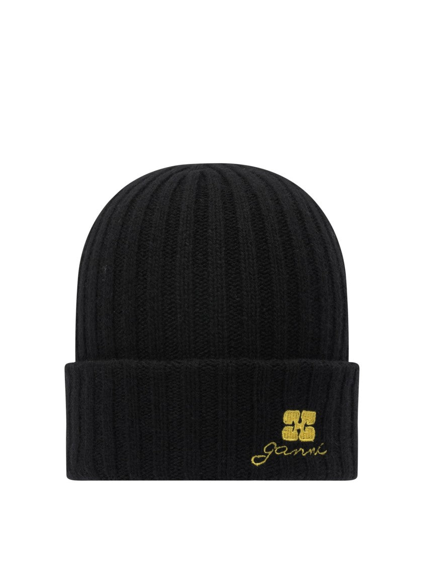 Ganni Ribbed Knit Wool Blend Beanie With Contrasting Logo
