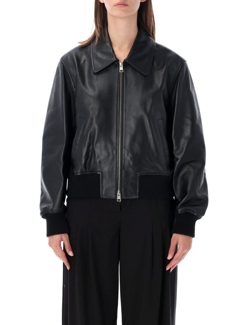 Ami Paris Black Classic Collar Zip Leather Jacket