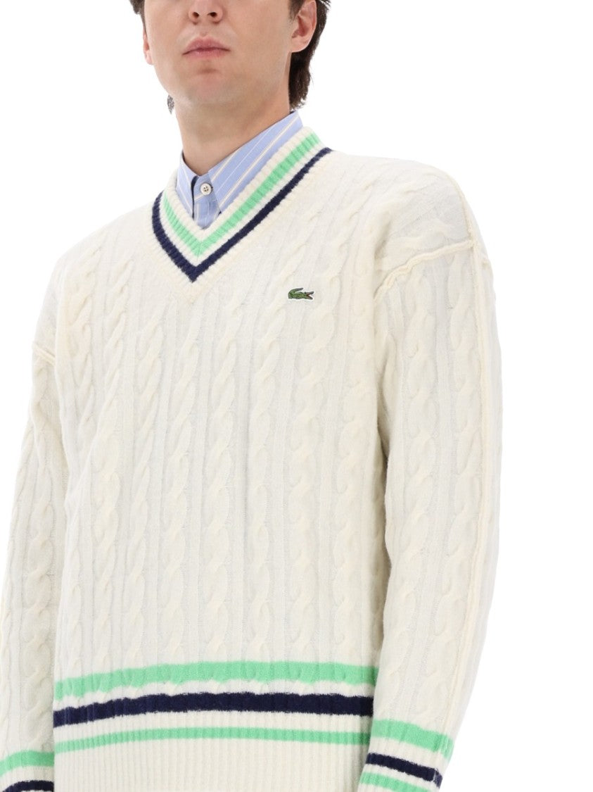 Lacoste Textured Cable Knit Sweater With Contrasting Stripes
