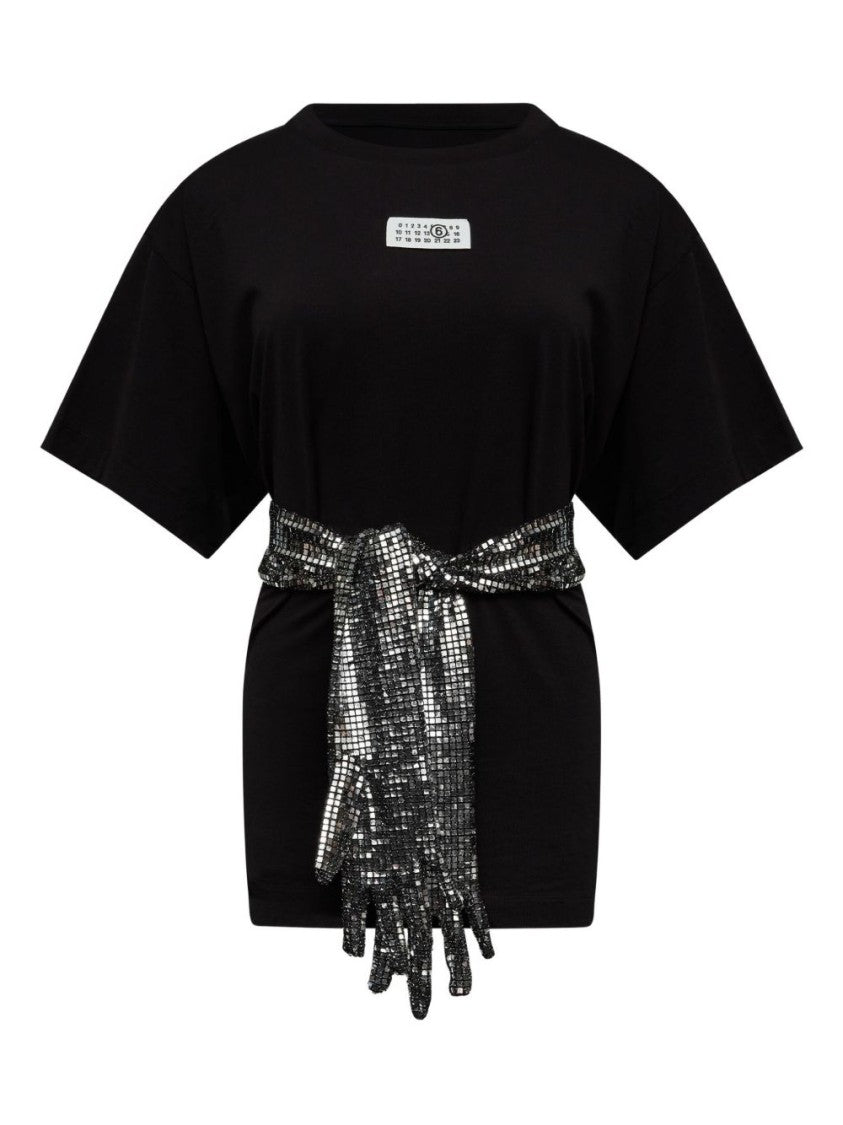 Mm6 By Maison Margiela Avant-Garde Black T-Shirt With Silver Sequin Belt