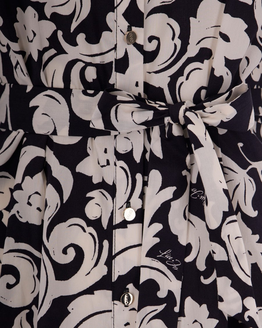 Liu Jo Midi Popeline Floral Dress With Classic Collar And Waist Belt