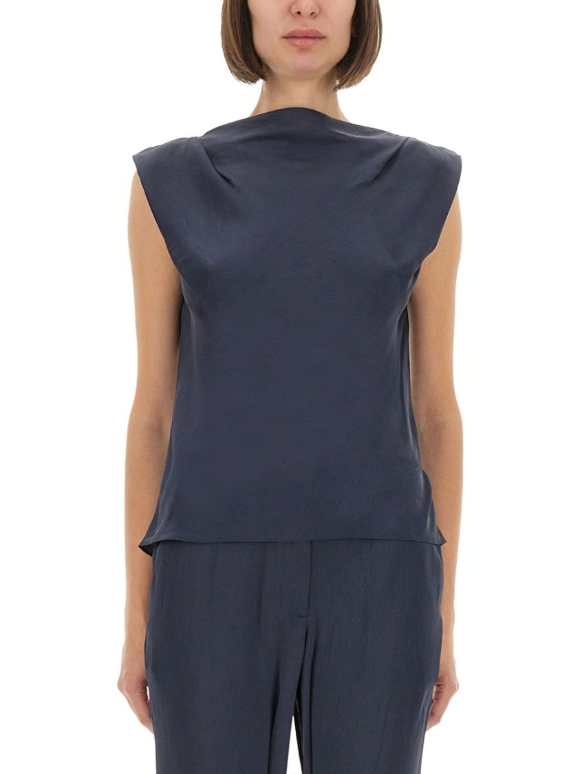 Theory Cap Sleeve Satin Top With Design