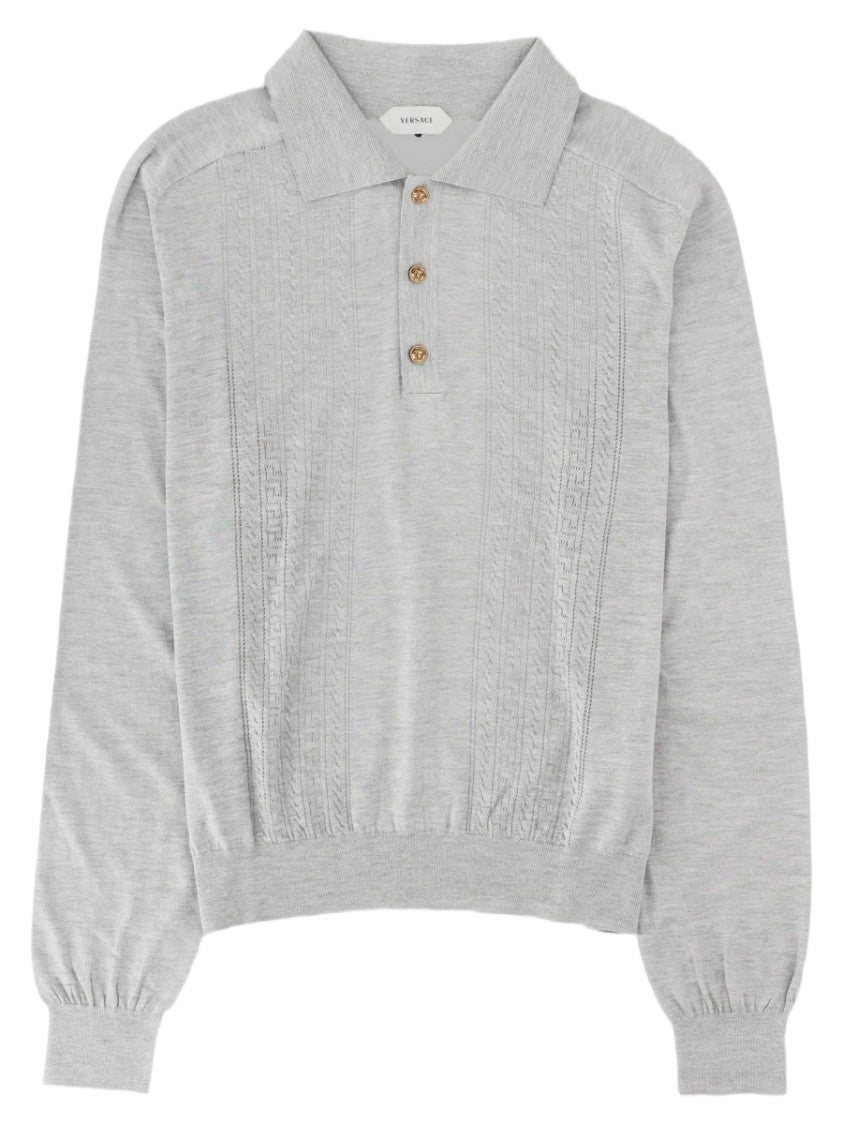 Versace Grey Polo Collar Cotton-Silk Knit Sweater