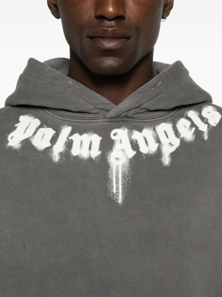 Palm Angels Hooded Grey Cotton Sweatshirt With Graphic Logo