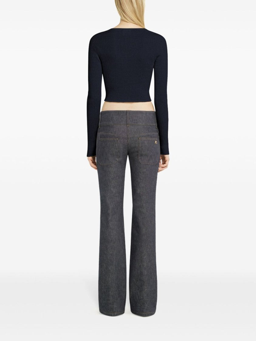 Courrèges Navy Blue Appliqué Logo V-Neck Sweater