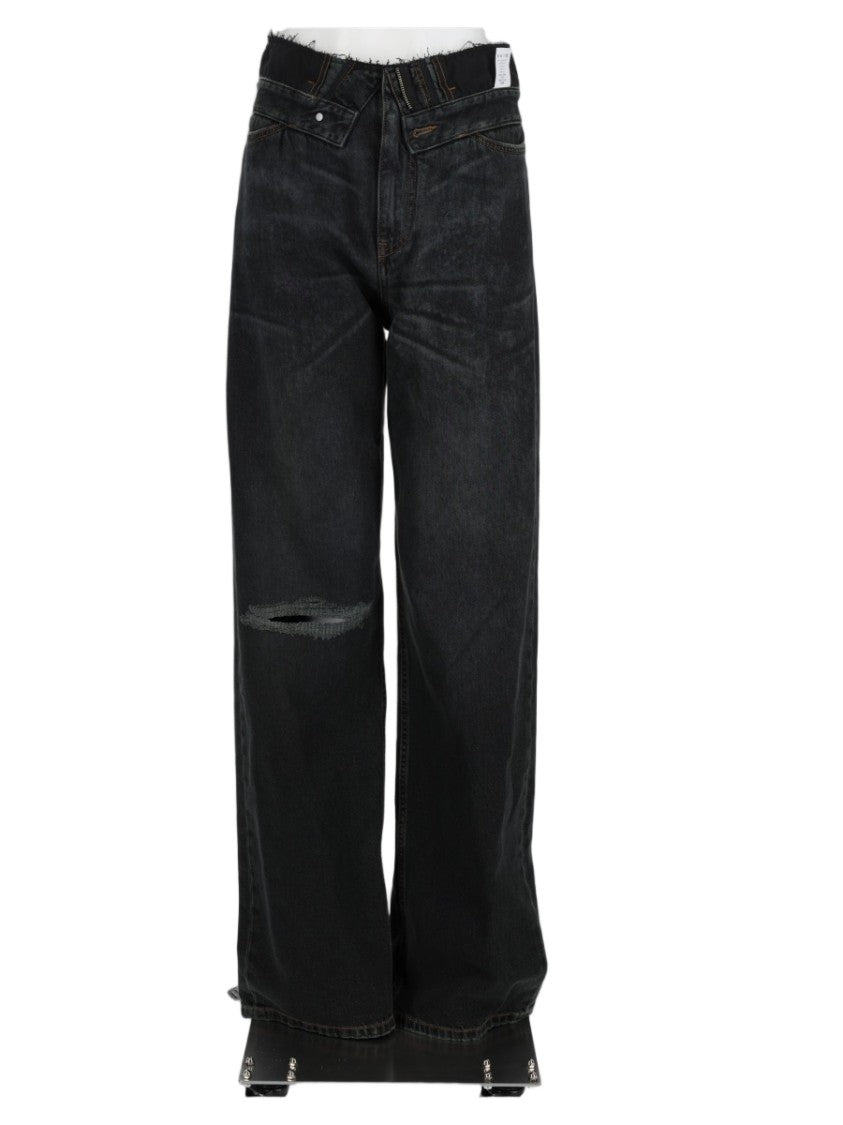 Mm6 By Maison Margiela Blue High-Waisted Distressed Cotton Wide-Leg Pants