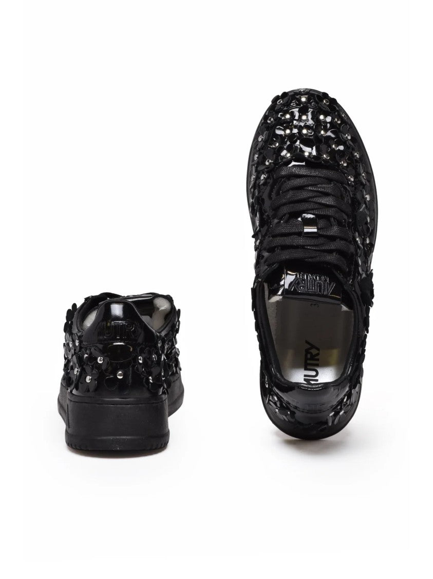 Autry Black Reflective Floral Leather-Blend Low-Top Sneakers