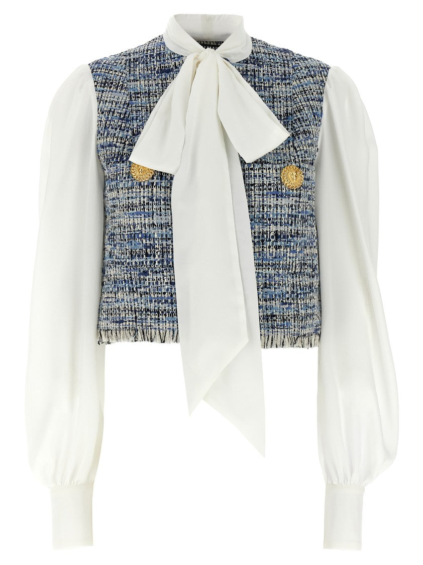 Balmain Cropped Shirt With Tweed Vest And Levallière Collar