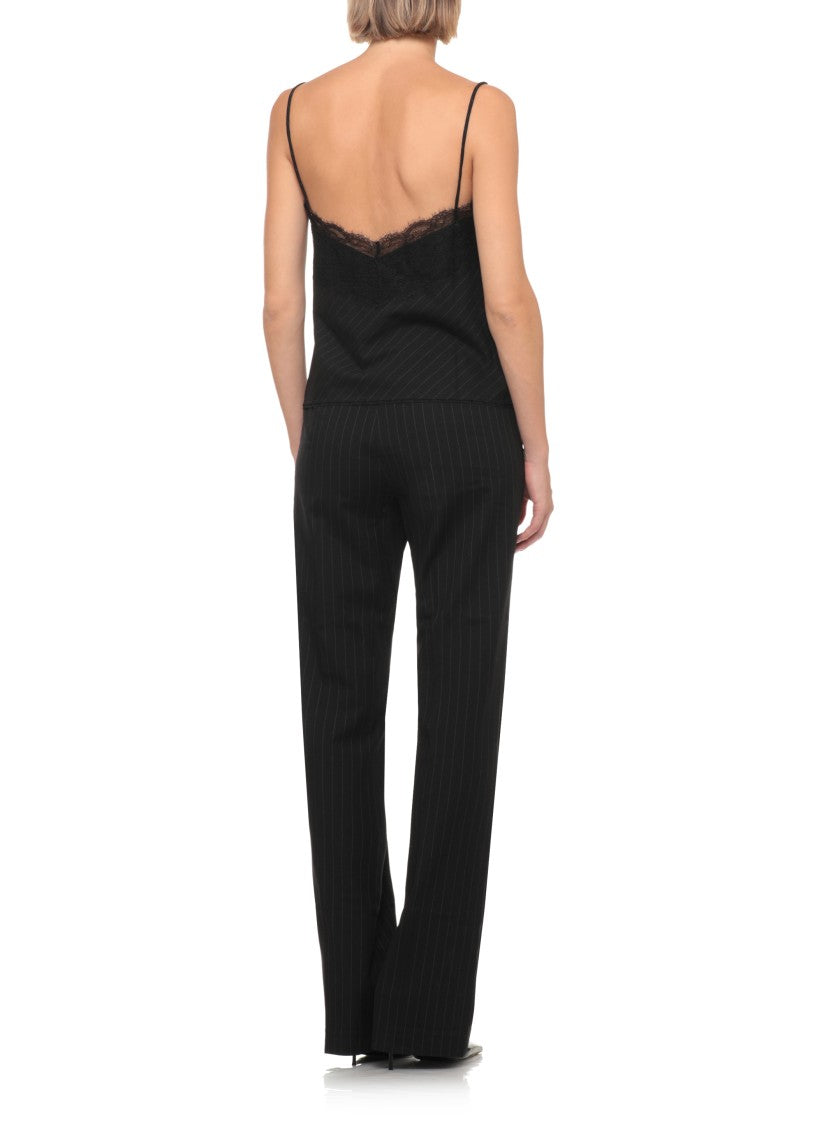 The Andamane Black Pinstriped Lace-Trim Tank Top