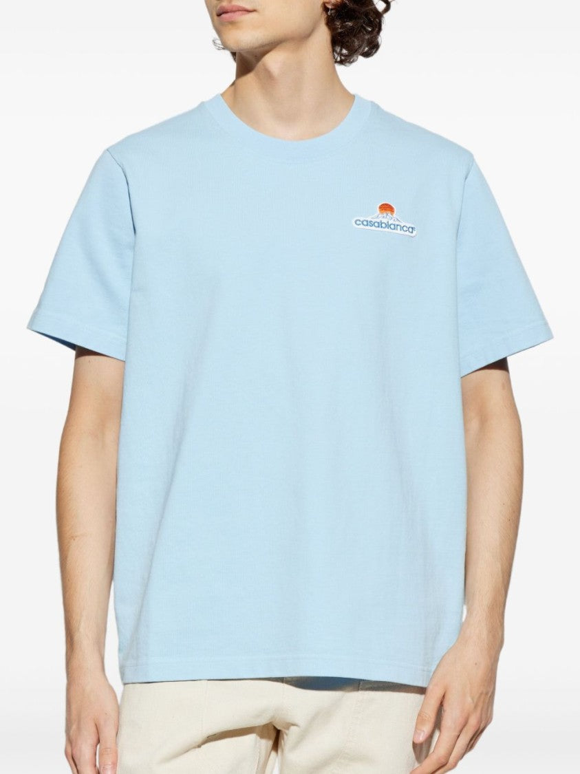 Casablanca Light Blue Logo Embroidered Cotton T-Shirt