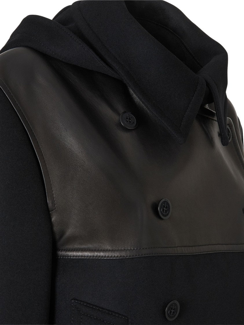Fendi Black Double-Breasted Leather Yoke Virgin Wool Trench Coat