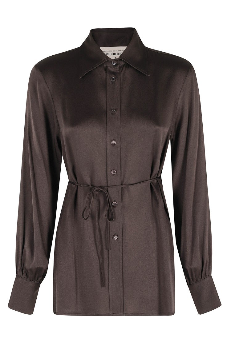 Semi Couture Brown Juana Side-Slit Long-Sleeve Acetate-Blend Shirt