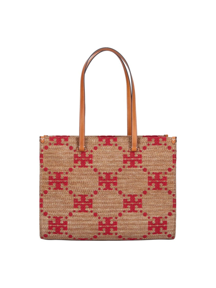 Tory Burch Brown T Monogram Pattern Fabric Tote
