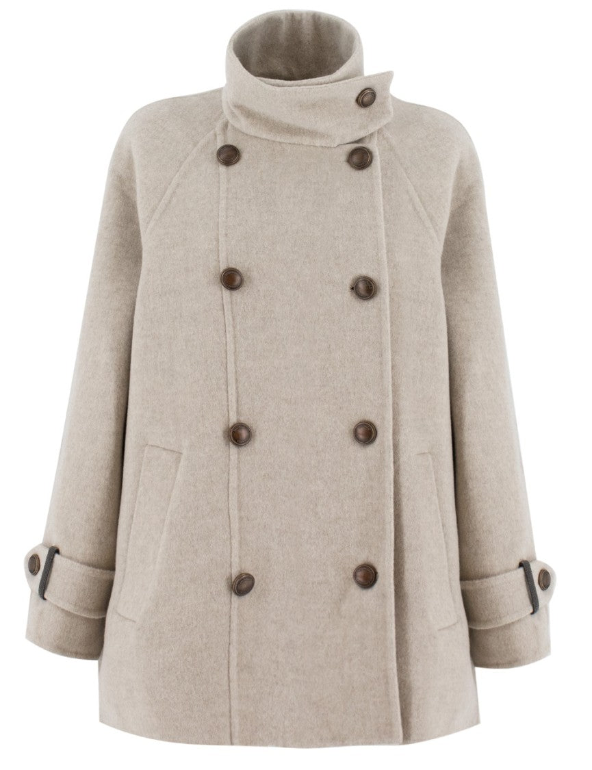 Brunello Cucinelli Double-Breasted Caban Pea Coat With Bead Embroidery