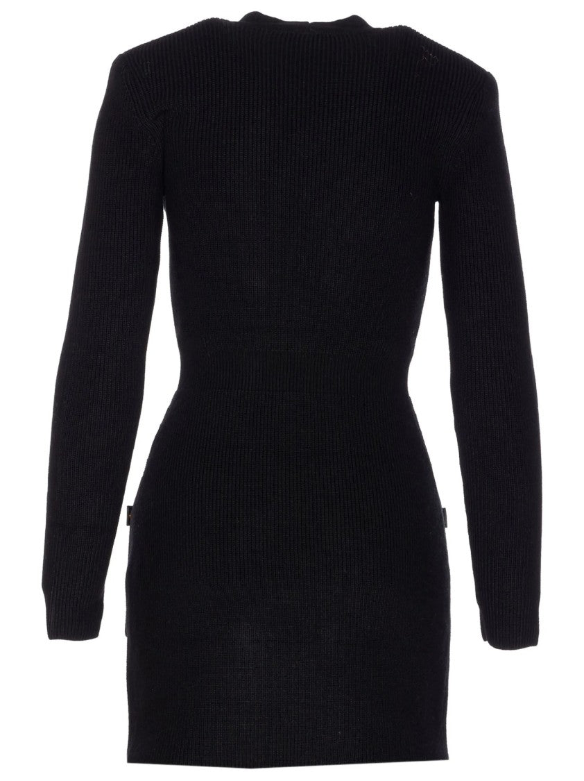 Elisabetta Franchi Textured Knit Black Midi Dress With Double-Breasted Design