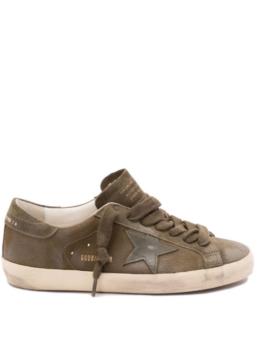 Golden Goose Low-Top Sneakers With Distressed Olive Green Silk