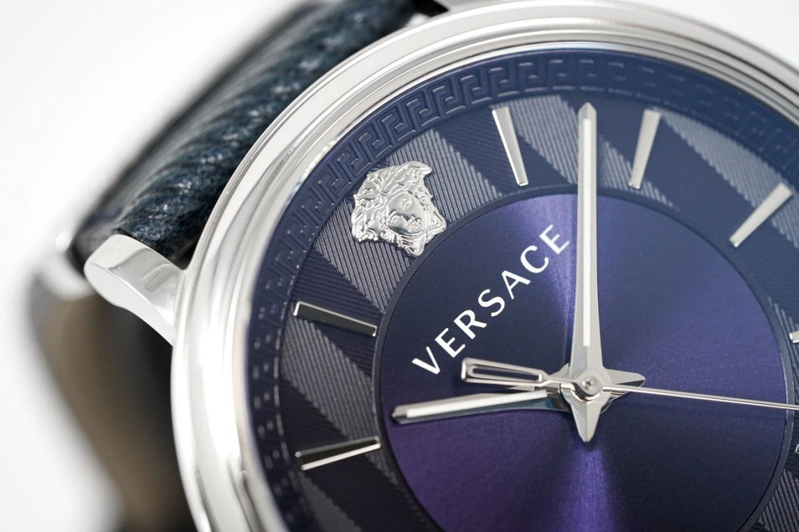 Versace Stainless Steel Quartz Watch With Deep Blue Dial And Calf Leather Strap