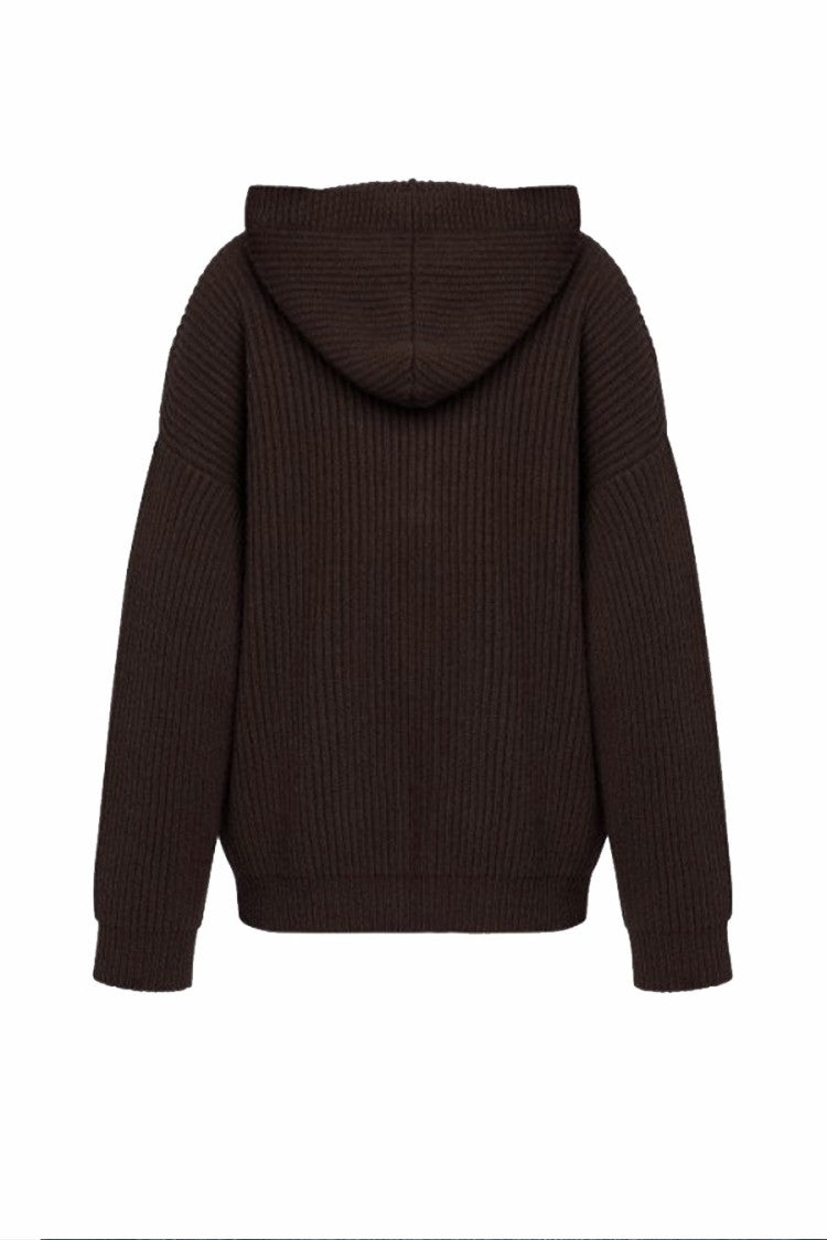 Dondup Dark Brown Chunky Ribbed Hooded Wool Cardigan