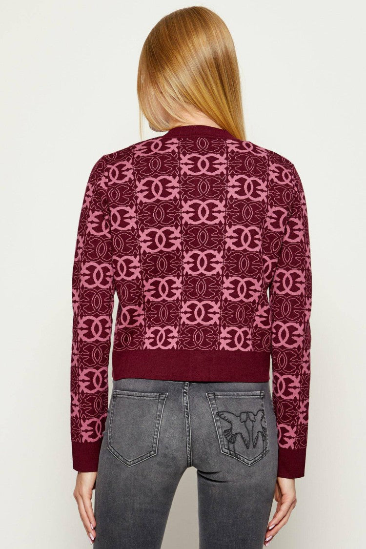 Pinko Burgundy Logo Jacquard Button-Front Polyester-Blend Cardigan