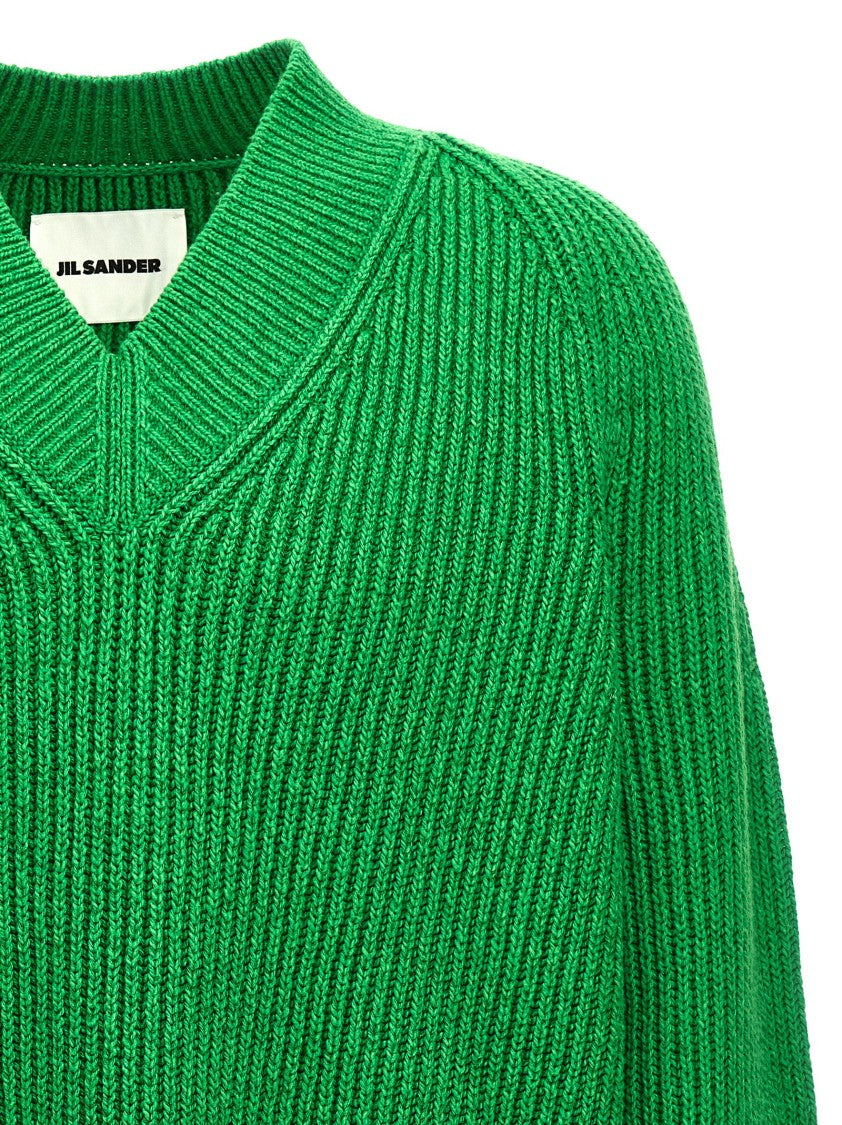 Jil Sander V-Neck Oversized Cotton Blend Sweater