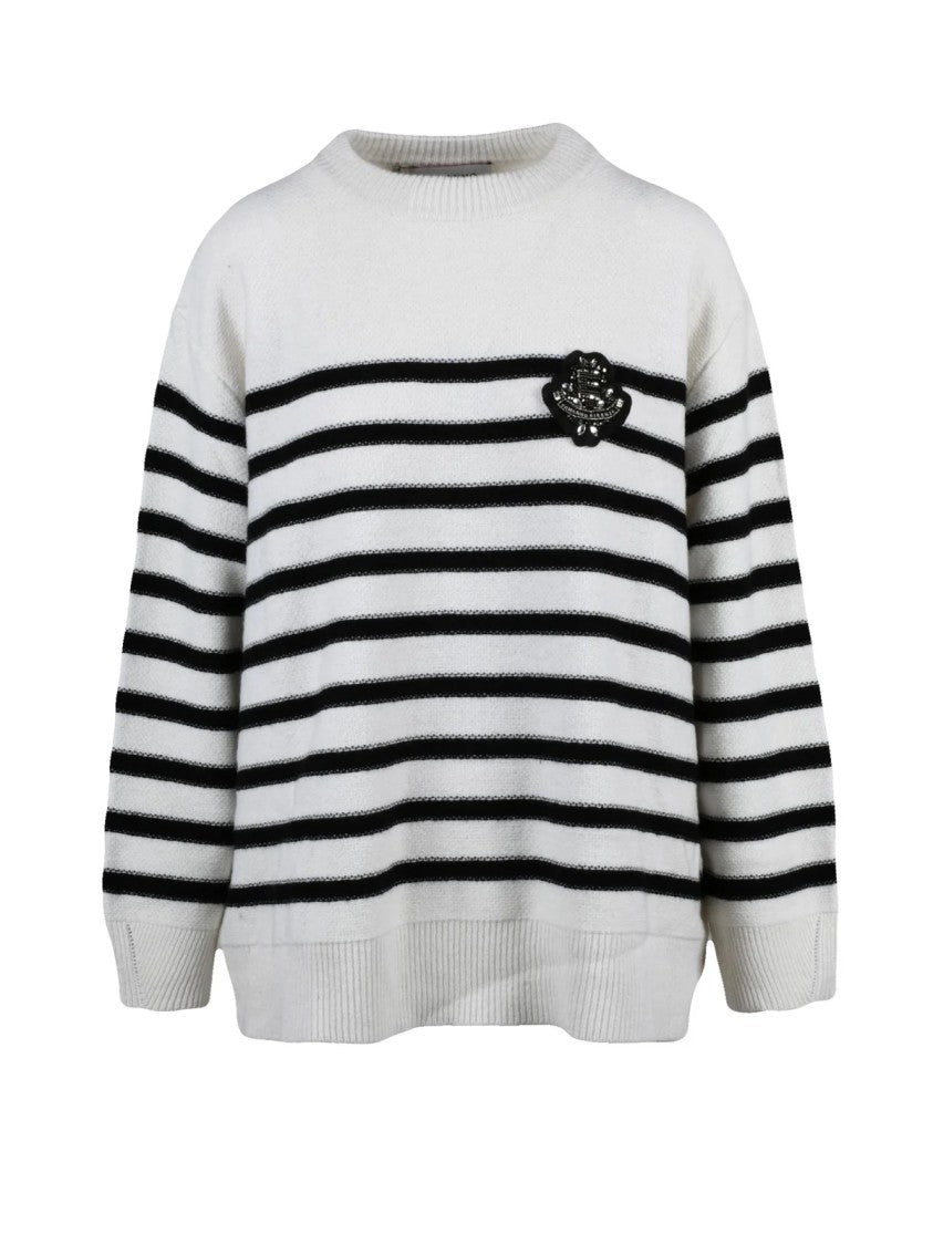 Ermanno Firenze Crew Neck Sweater With Rhinestone Detail And Striped Design