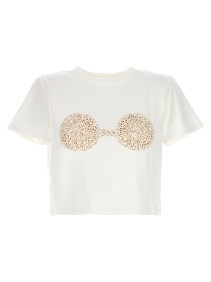 Magda Butrym Cropped Cotton T-Shirt With Unique Front Embroidery