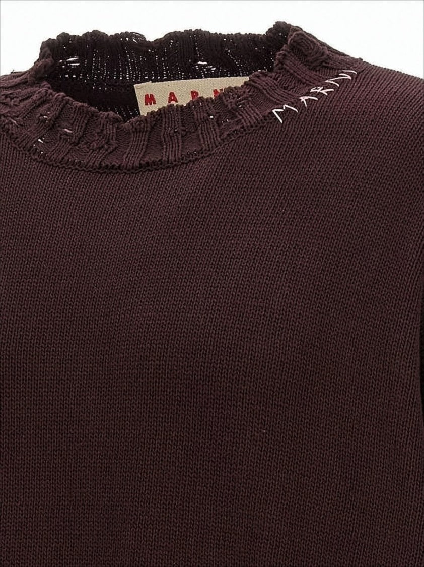 Marni Distressed Cotton Knit Sweater With Embroidered Logo
