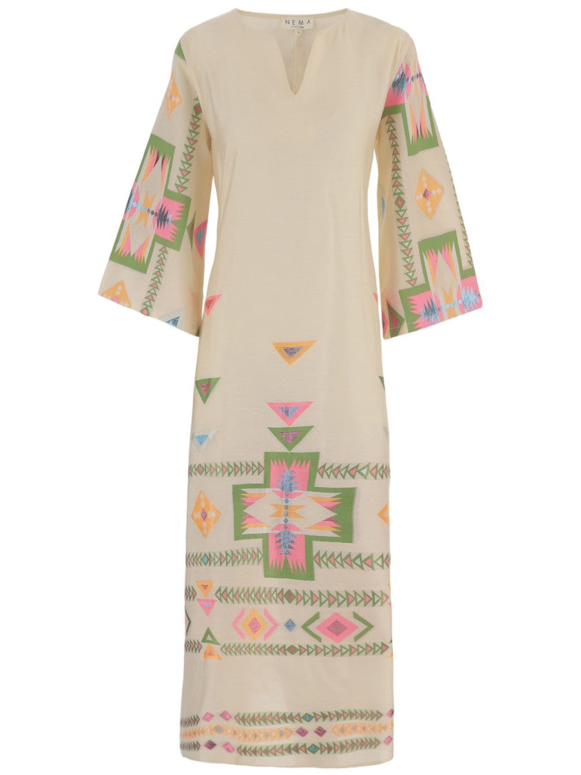 Nema Long Geometric Pattern Dress With Deep V-Neck