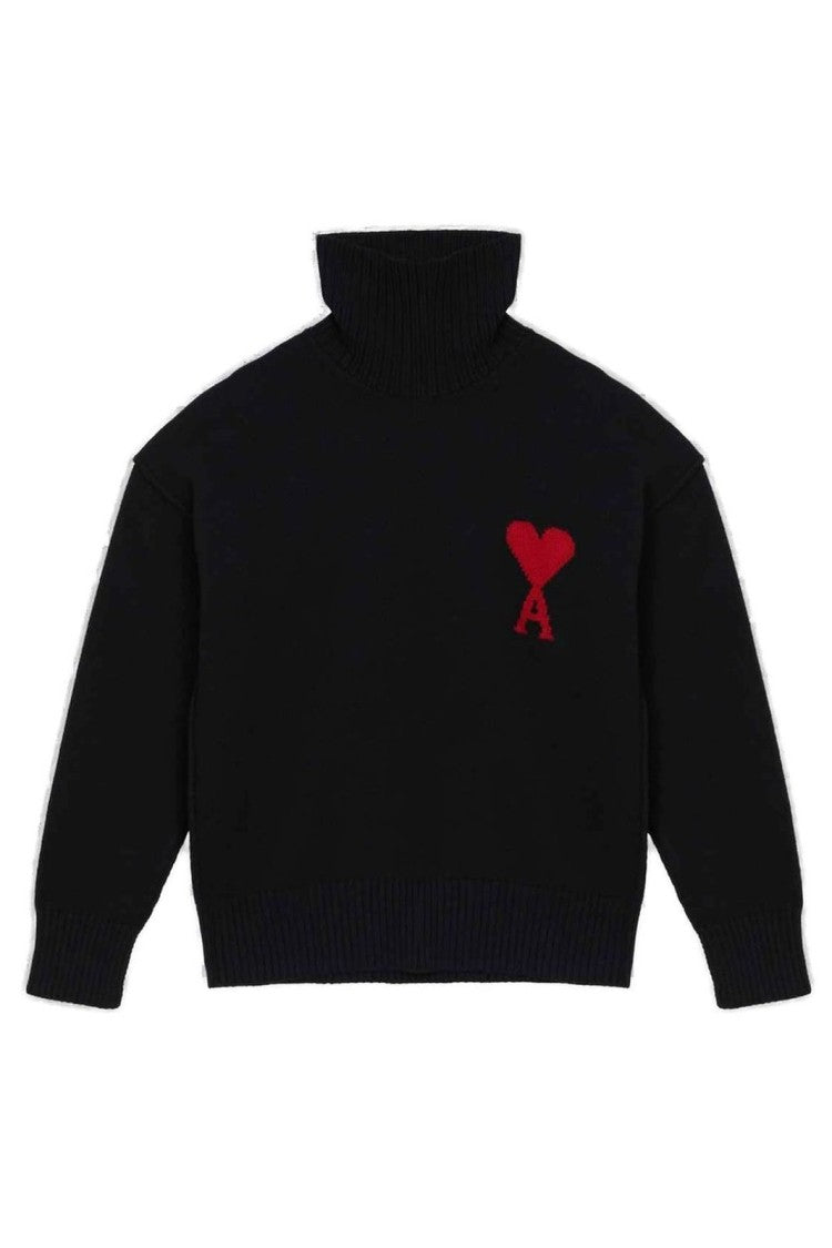 Ami Ribbed Black Wool Turtleneck Sweater With Heart Logo