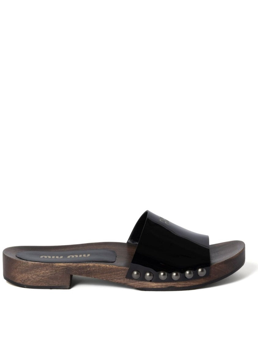 Miu Miu Open-Toe Black Leather Sandals With Glossy Upper And Wooden Sole