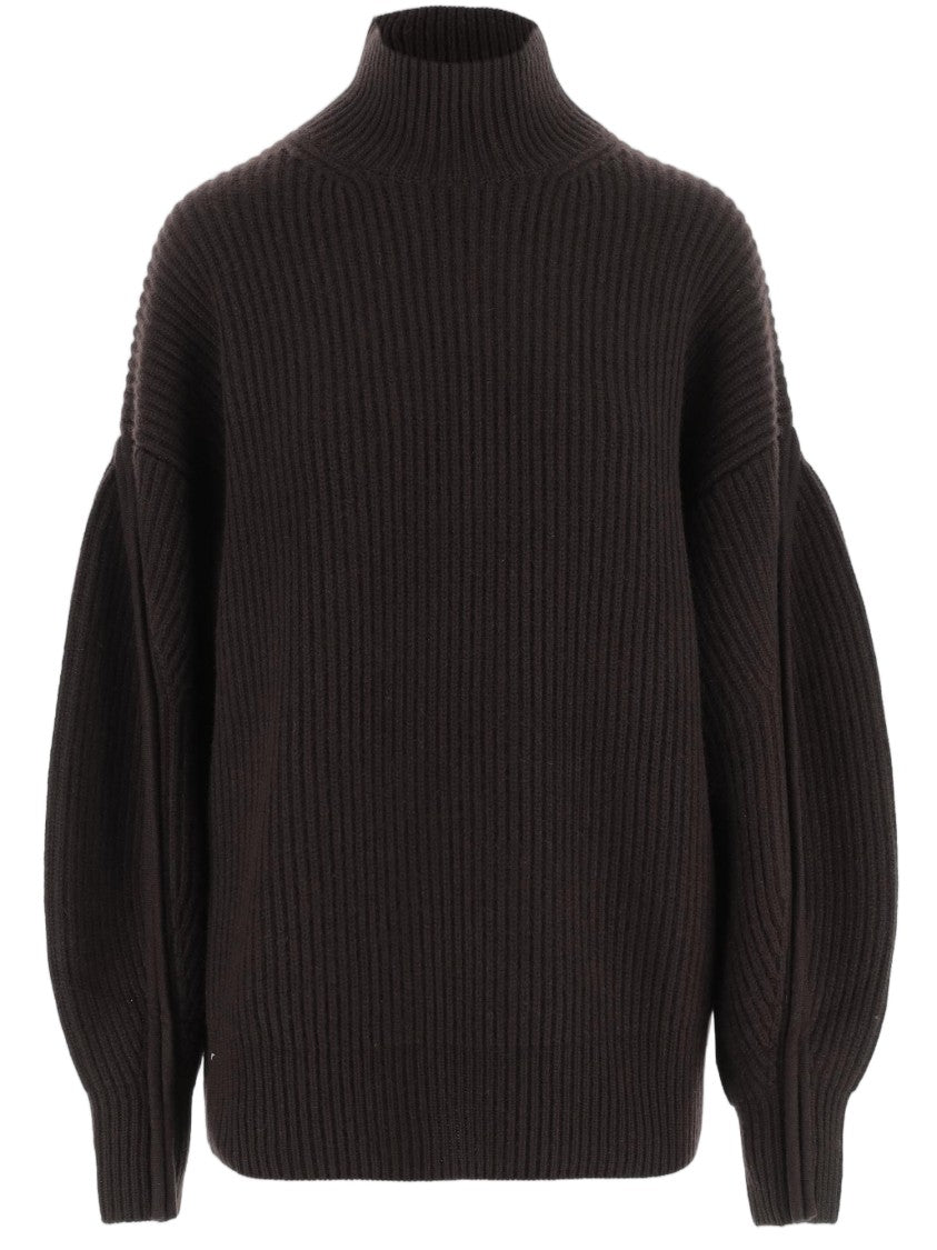 Carven Brown Voluminous-Sleeve Ribbed Cashmere Turtleneck
