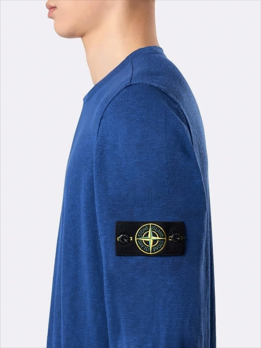 Stone Island Crew Neck Blue Sweater With Unique Sleeve Logo