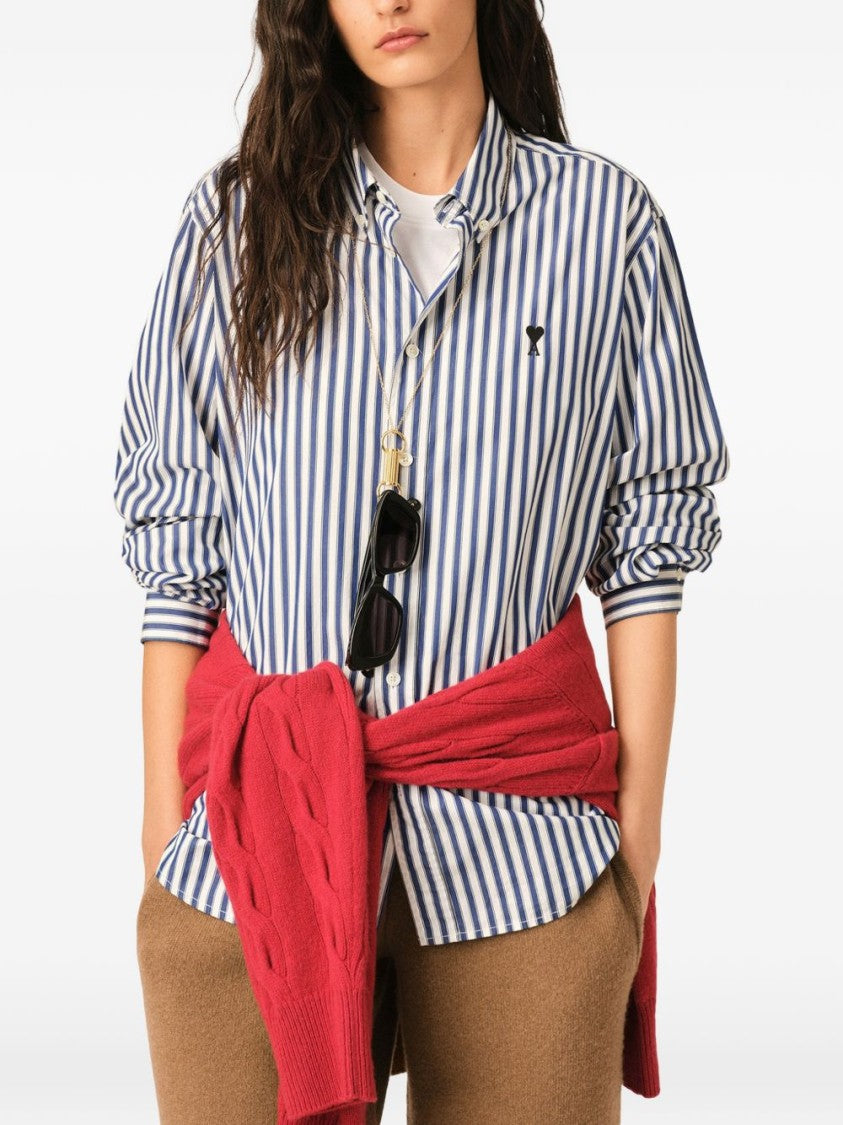 Ami Paris Button-Down Shirt With Vertical Navy And White Stripes