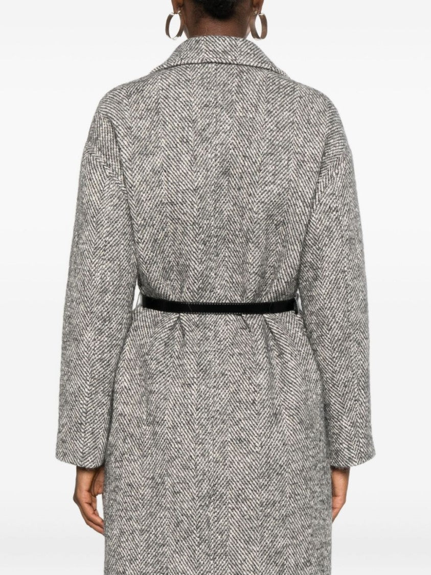 Liu Jo Tailored Herringbone Grey Coat With Slim Belt