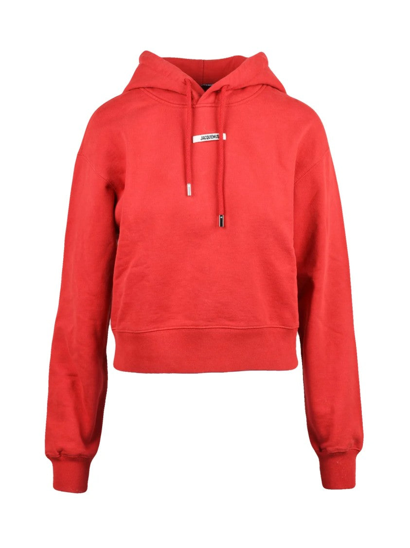 Jacquemus Red Hooded Brushed Cotton Cropped Sweatshirt