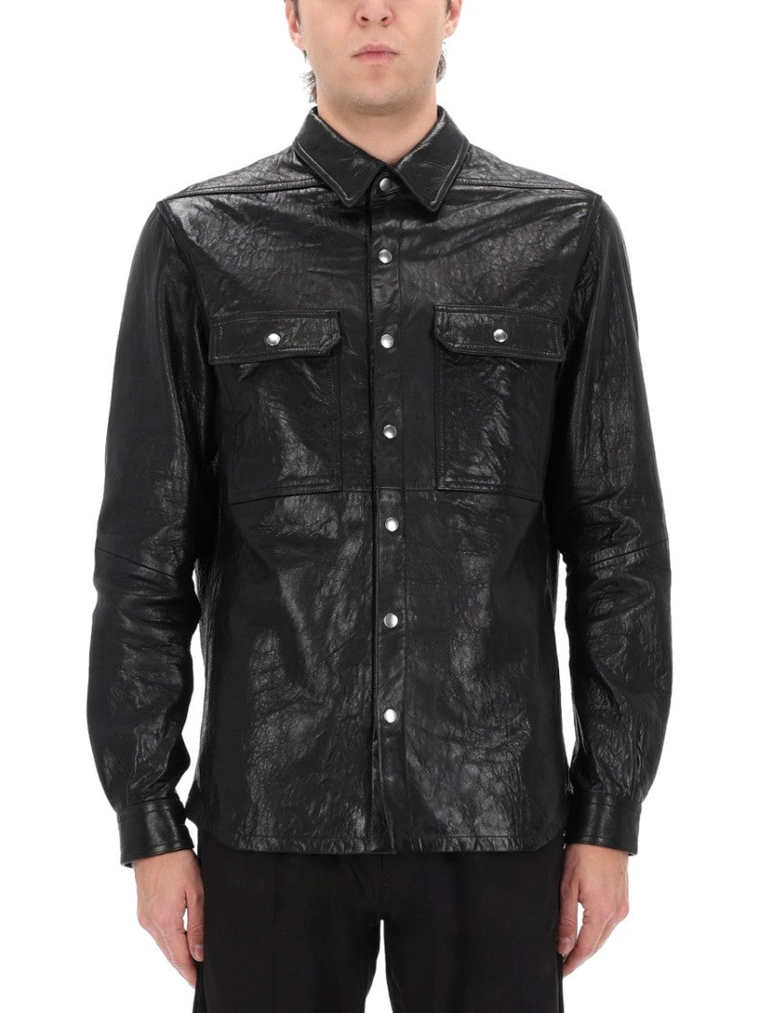Rick Owens Black Textured Leather Snap-Button Jacket