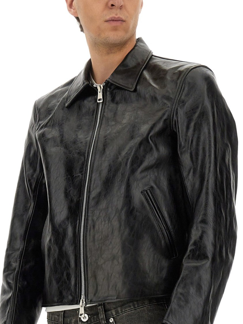 Our Legacy Cropped Black Leather Jacket With Classic Collar