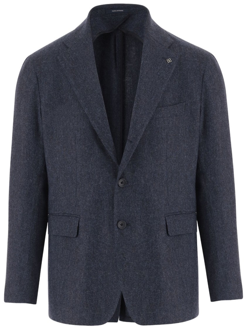 Tagliatore Navy Tailored Herringbone Wool-Cashmere Blend Jacket