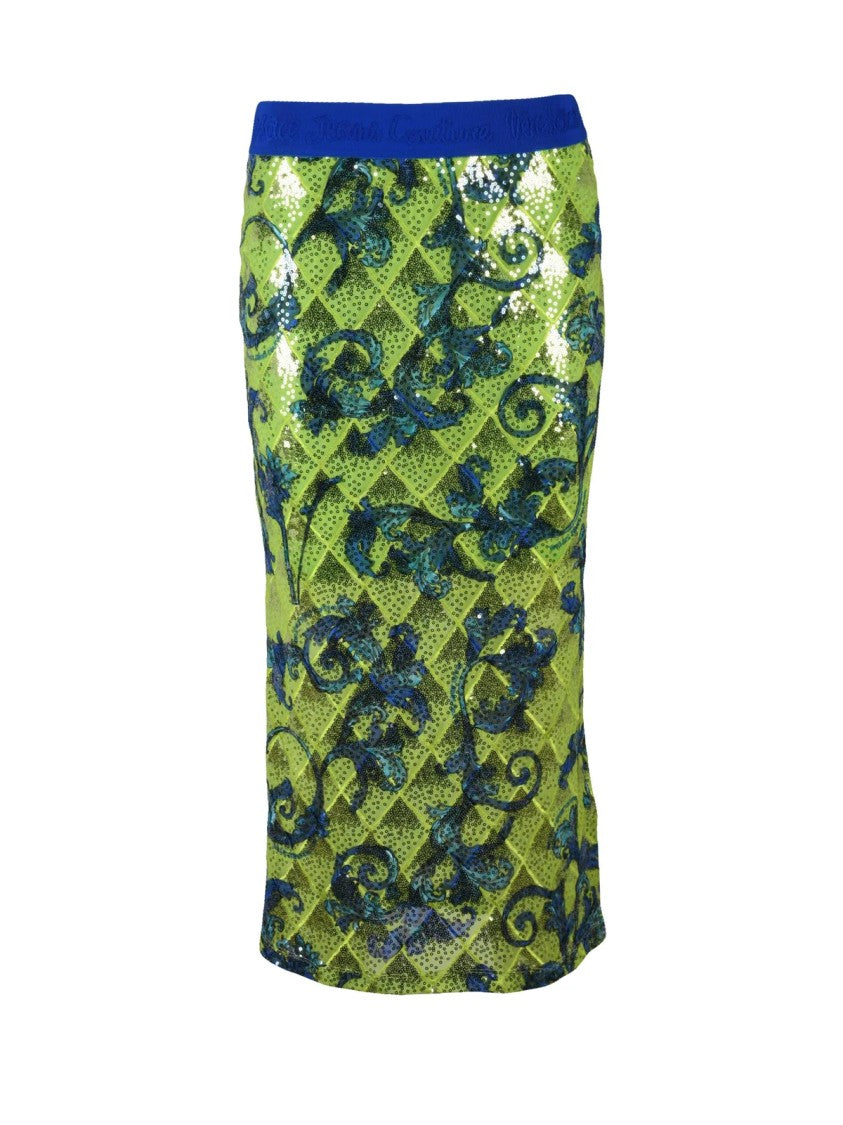 Versace Jeans Couture Green Sequin Embellished Stretch Midi Skirt