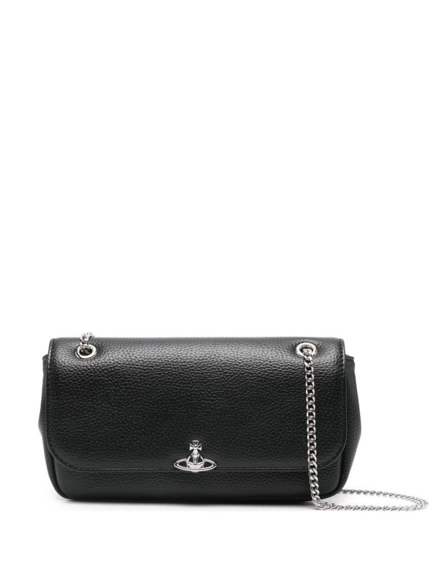 Vivienne Westwood Pebbled Black Leather Shoulder Bag With Silver Emblem