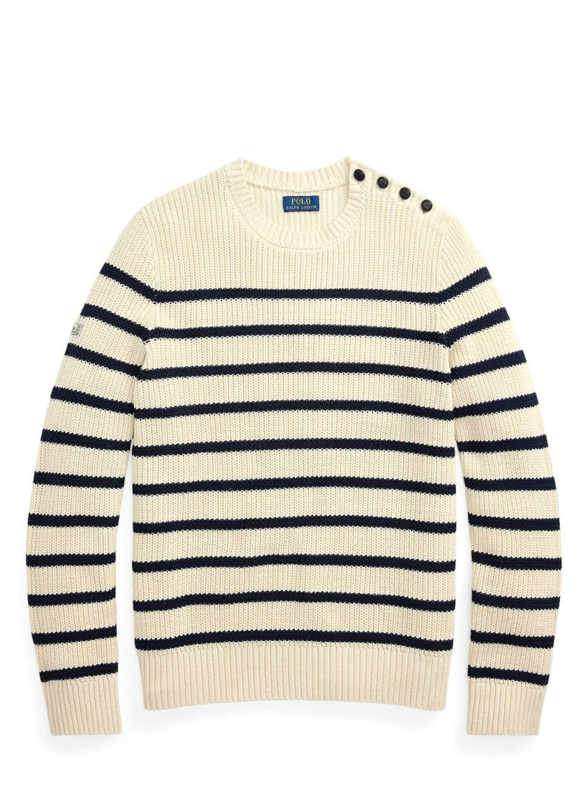 Polo Ralph Lauren Cream Striped Crewneck Sweater With Shoulder Buttons