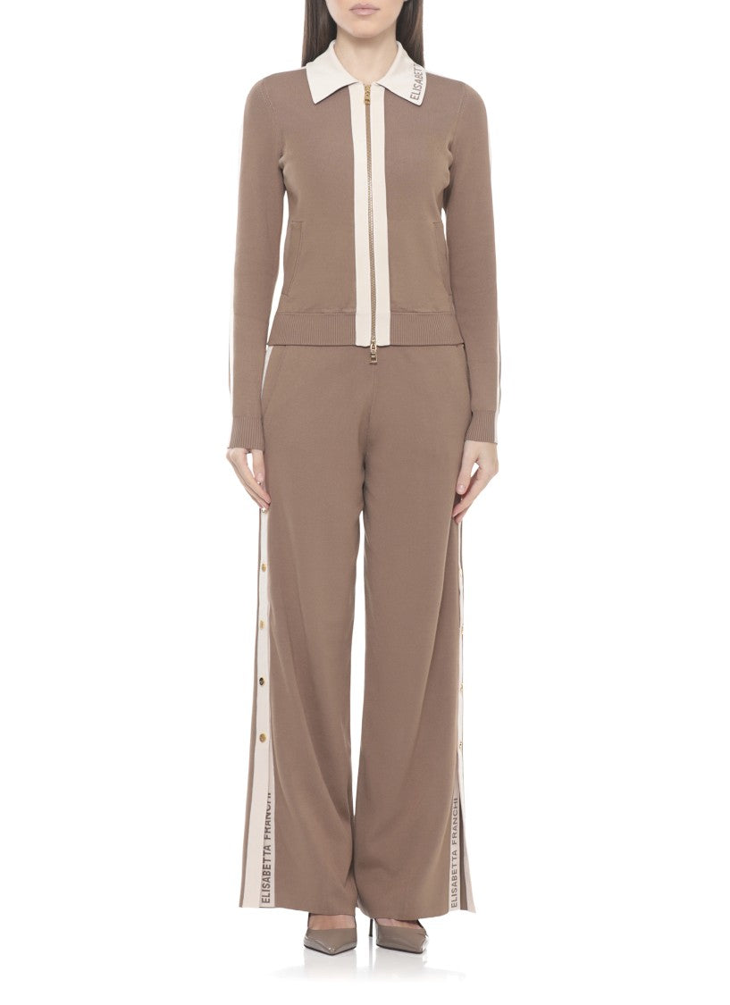 Elisabetta Franchi Brown Zip Front Logo Viscose Sweater