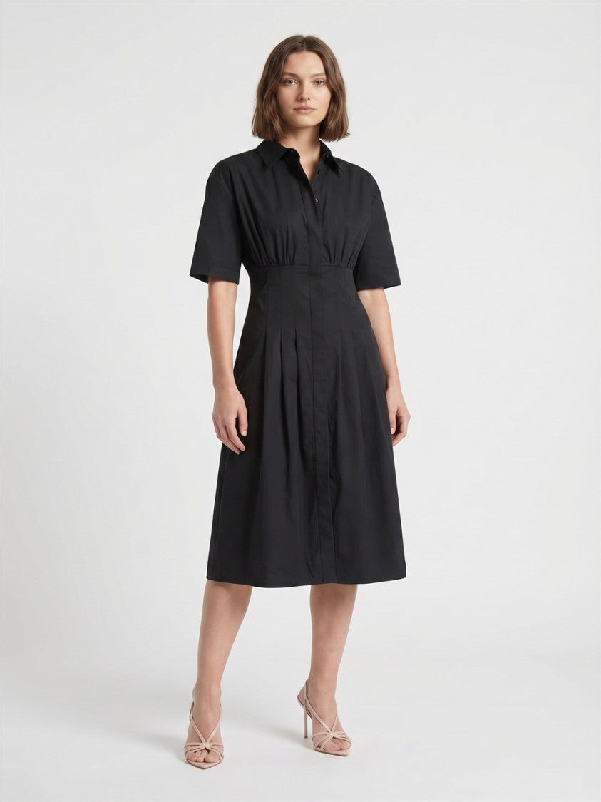 Semi Couture Black Sandra Shirt-Neck A-Line Cotton Midi Dress