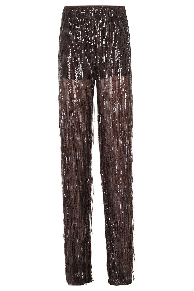 Federica Tosi Brown Sequin Fringe Elastic Waist Straight-Leg Pants