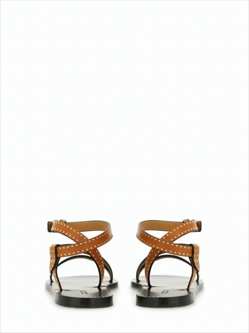 Isabel Marant Flat Brown Leather Sandals With Gold Stud Accents