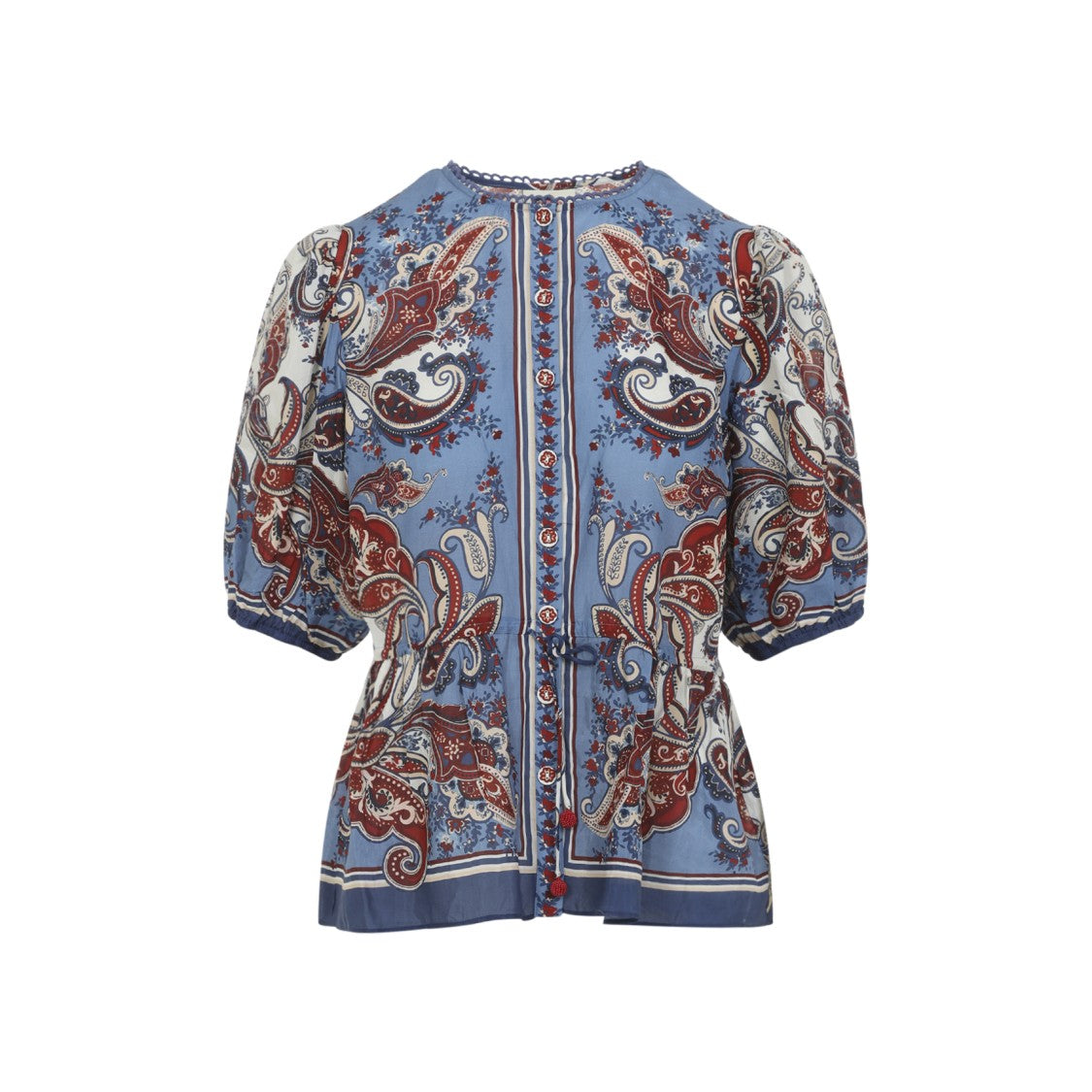 Farm Rio Puffed Sleeve Blue Paisley Shirt With Pattern